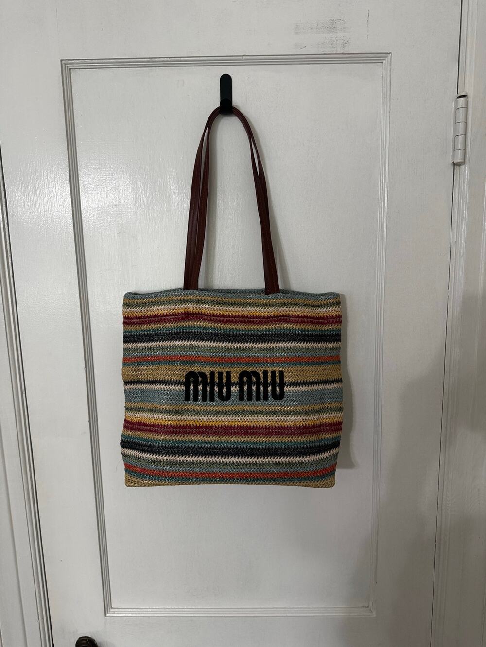 Multicolor Striped Woven Raffia Crochet Tote Bag Brown Leather Handles